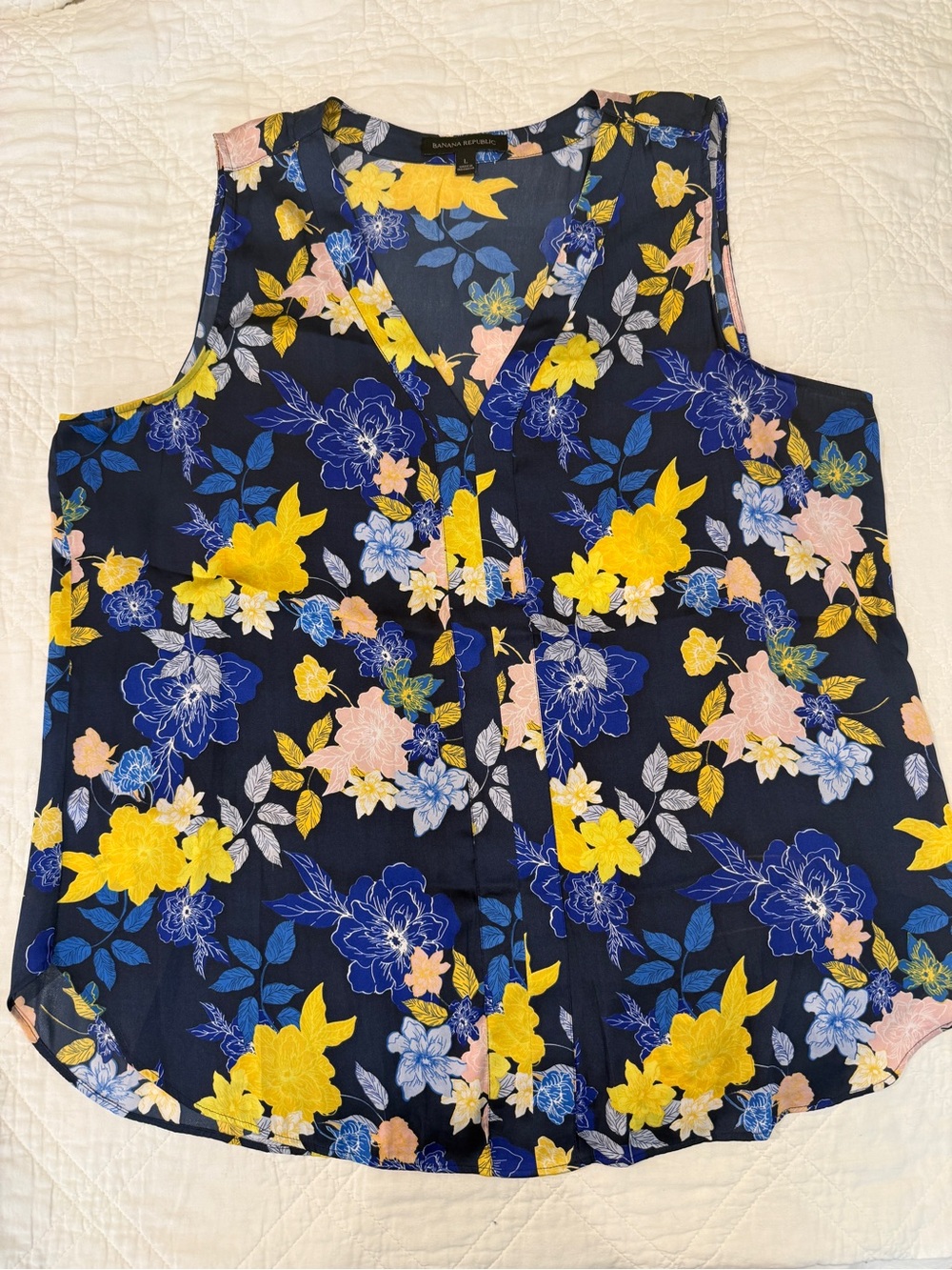 Banana Republic- Floral V-Neck Sleeveless Top - Navy with Yellow & Pink Floral